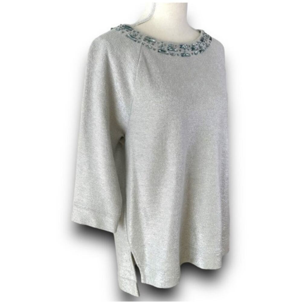 Chico's Silver Sparkle Metallic Sweater Tunic Blouse Size 3 XL NWT Beaded Collar